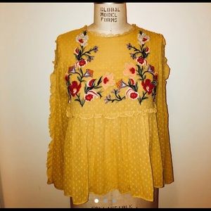 Anthro Embroidered Mustard Colored Blouse